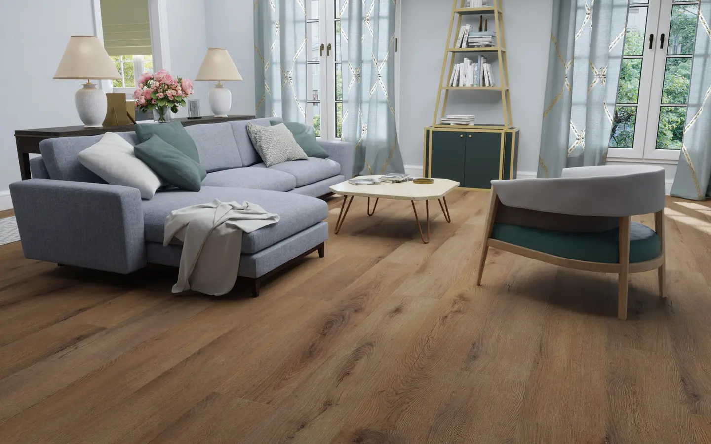 Deep Lagoon LVP installed in a hallway — 20mil wear layer luxury vinyl plank built for high-traffic areas
